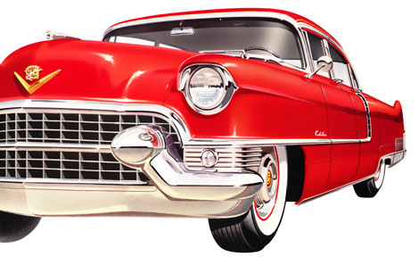 A coupe rougethe 1955 vintage Cadillac in a screaming red